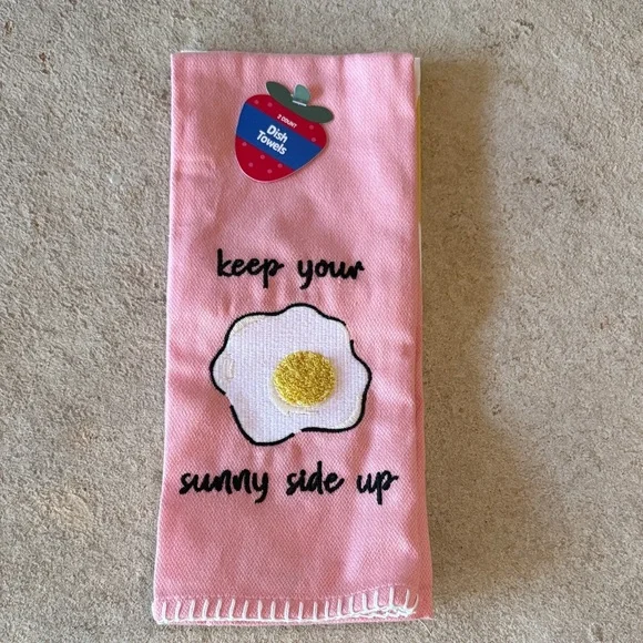Pink 'Keep Your Sunny Side Up' Dish Towel with Egg Embroidery(two pack) NWT - Picture 1 of 3